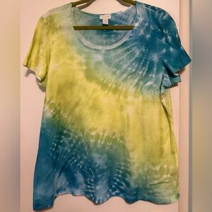 Chico's Blue and Yellow Tie-Dye Short Sleeve Top